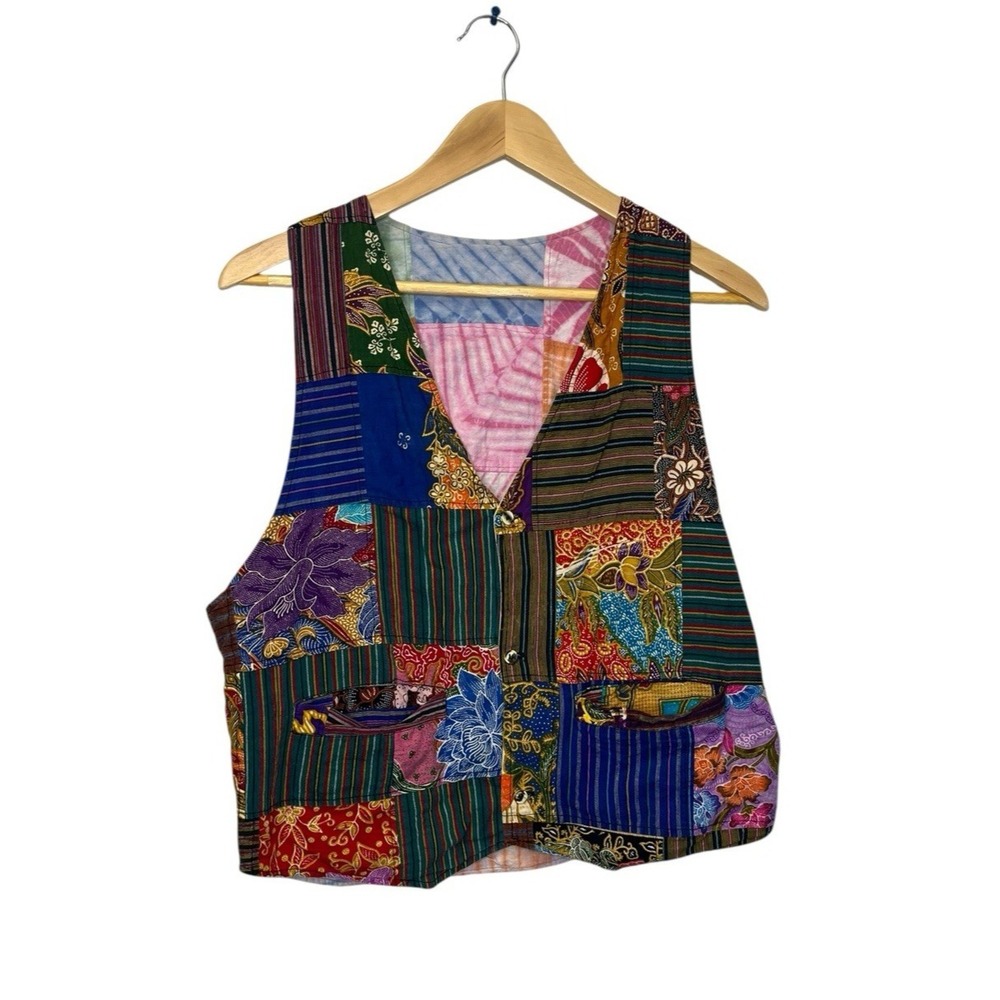 Vintage 90s Hippie Patchwork Vest‎ Medium Cotton Tie Dye Batik Ikat Stripe Boho